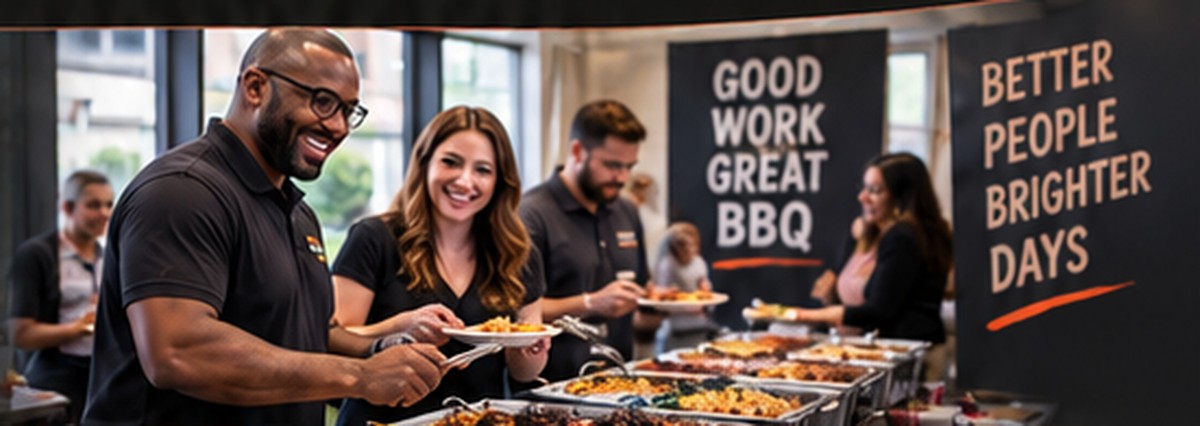 Coworkers enjoying a Big Daddy BBQ workplace lunch